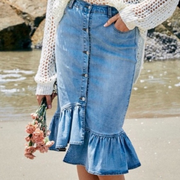 Denim Mermaid Midi Skirt Ruffle Hem - Picture 7 of 8